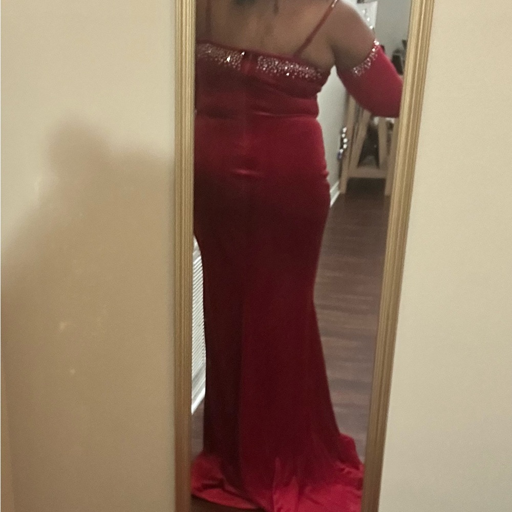 Red Velvet Off-Shoulder Sequin Trim Maxi Dress